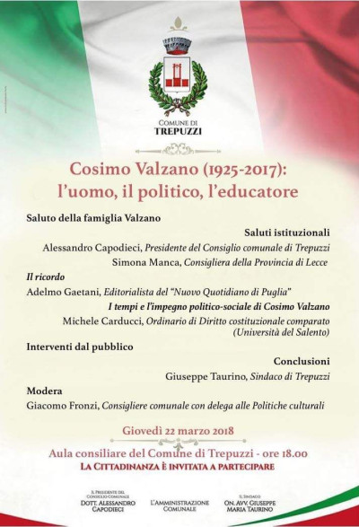 Cosimo Valzano (1925-2017) l'uomo, il politico, l'educatore.